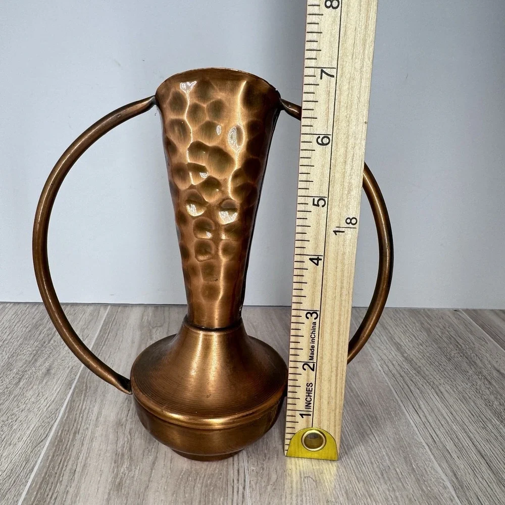 Vintage Hammered Copper Vase Ring Handle‎ Art Deco Style 7in Heavy Metal